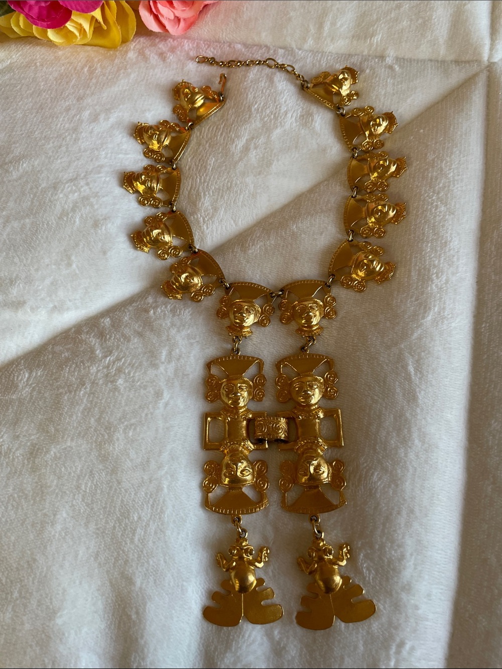 Vintage Kenneth Jay Lane Gold Plated Statement Tribal Mayan Necklace